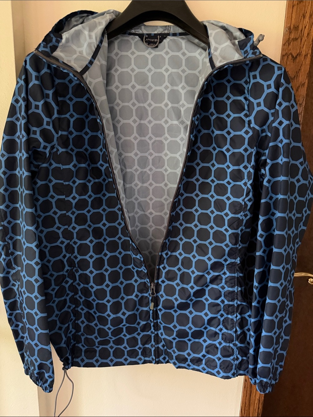 Lands' End Women’s Navy and Blue Geometric Packable Rain Jacket - Picture 3 of 4